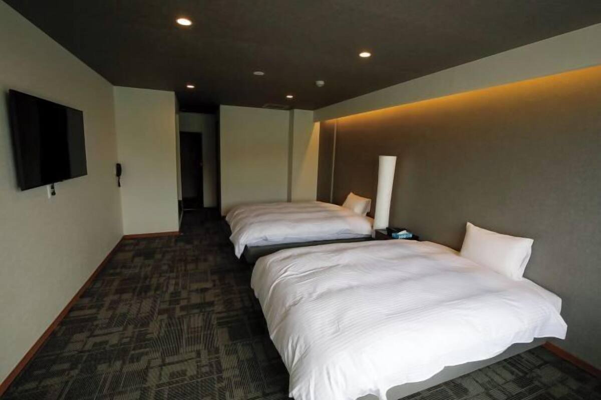 Une chambre d’hôtel avec deux lits, un téléviseur à écran plat fixé au mur et un sol recouvert de moquette.