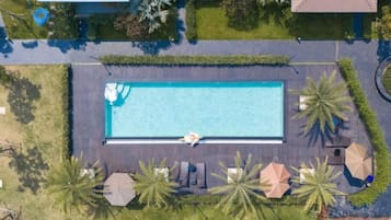 An aerial view of a rectangular swimming pool with a person in the water, surrounded by palm trees and lounge chairs.