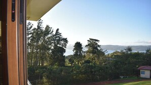 Une vue depuis une fenêtre donnant sur un espace verdoyant, avec des arbres et une étendue d’eau au loin.