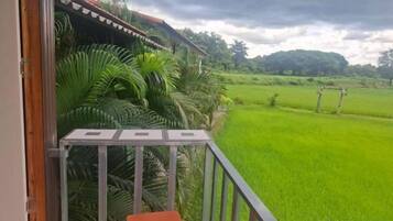 A balcony with a view of a green field and a cloudy sky.