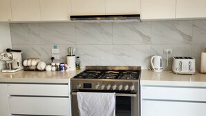 Una cocina moderna con estufa a gas, horno y tostadora.