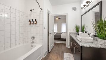 Hair dryer, towels, soap, shampoo