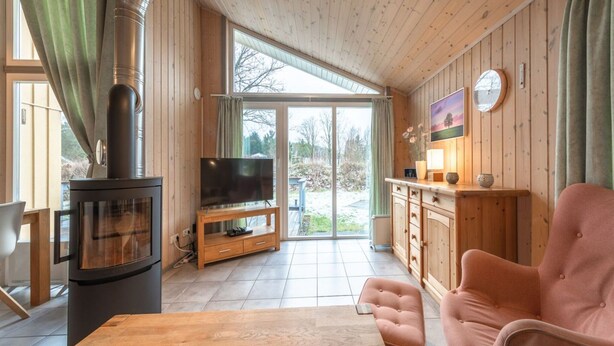 A cozy living room with a fireplace, a television on a wooden stand, a pink sofa, and a dining table. - Ferienhaus mit Sauna im Ferienpark Mirow (Mirow)