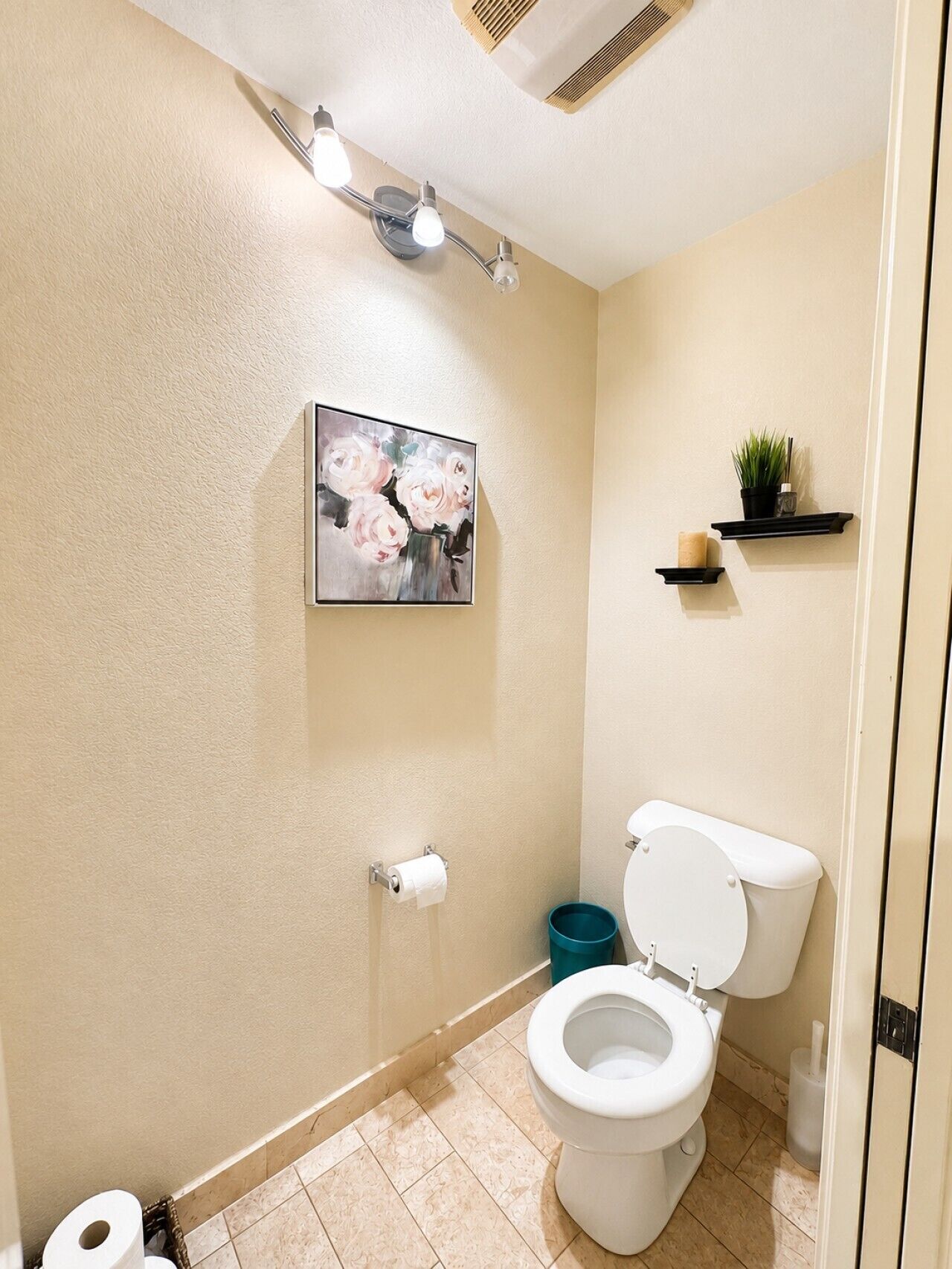 Une salle de bain comprenant des toilettes, une poubelle, un porte-rouleau de papier toilette, un luminaire fixé au mur et une petite étagère avec une plante.
