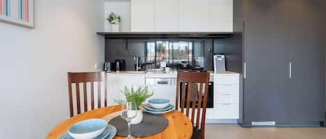 Fridge, microwave, oven, stovetop