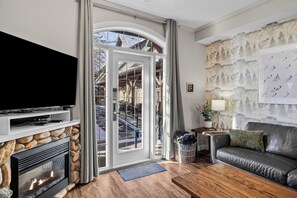 TV, fireplace, books, offices