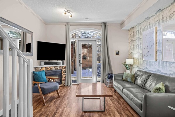 TV, fireplace, books, offices