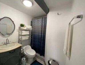 Regadera, toallas, jabón, papel de baño