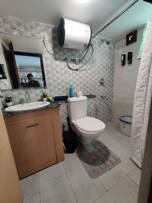 Hair dryer, towels, soap