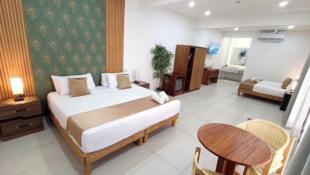 A hotel room with a large bed, a wooden nightstand, a bedside table with a lamp, a small desk with a chair, a wooden wardrobe, a potted plant, and a television on the wall. - Punta Colibrí (Brisas de Zicatela)