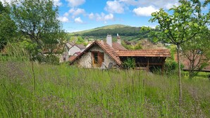 A rustic stone house with a sloped roof, surrounded by lush greenery and a hilly landscape in the background. - Nature-themed Bed and Breakfast (Broye)