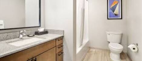 Hair dryer, towels, soap, toilet paper