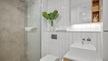 Hair dryer, towels, soap, shampoo
