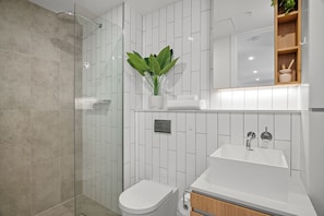 Hair dryer, towels, soap, toilet paper