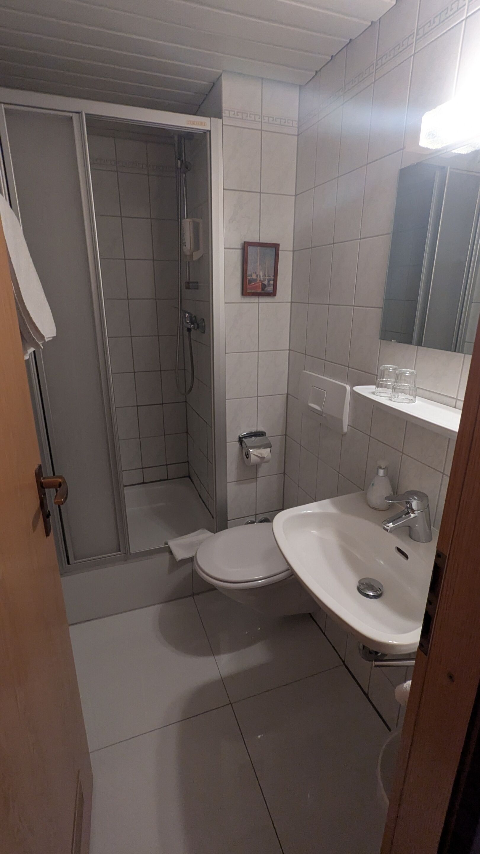A bathroom with a toilet, sink, and shower.