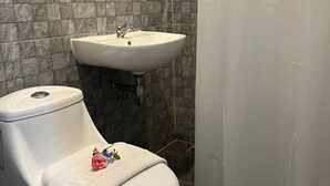 A bathroom with a toilet, a sink, and a shower area. - Hug Udon (Udon Thani)