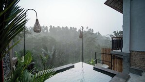 Une piscine à débordement paisible, offrant une vue dégagée sur une végétation luxuriante et une chaîne de montagnes lointaine.