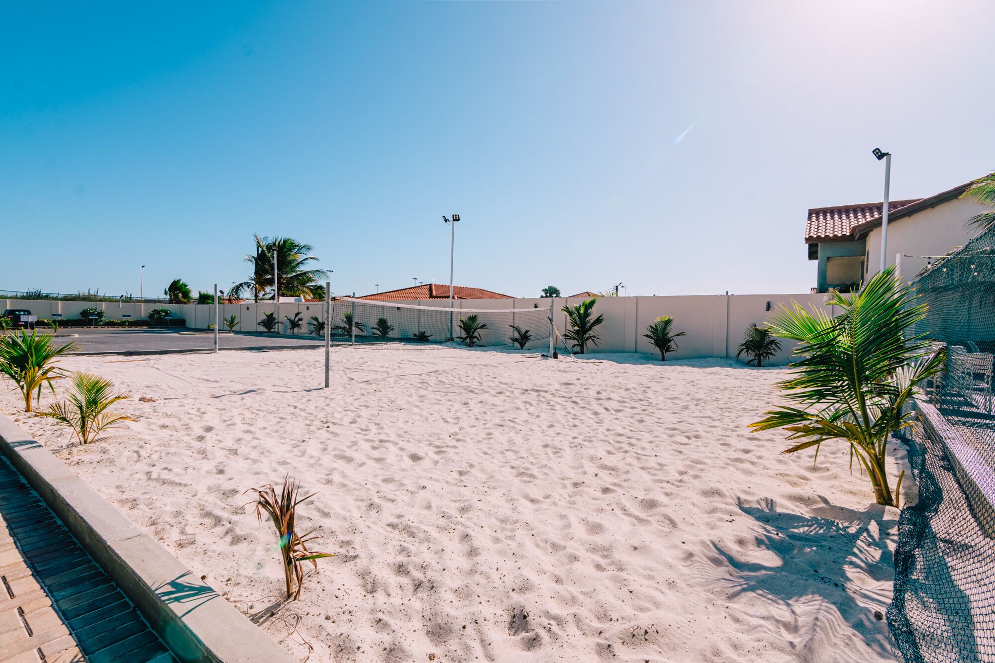Zona de playa arenosa con una red de voleibol, palmeras y un edificio con techo de tejas rojas al fondo.