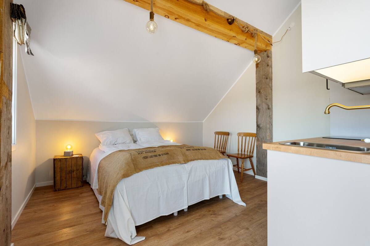 A bedroom with a wooden ceiling, a bed with a white bedspread, two wooden chairs, a small bedside table with a lamp, and a kitchen area with a sink and countertop.