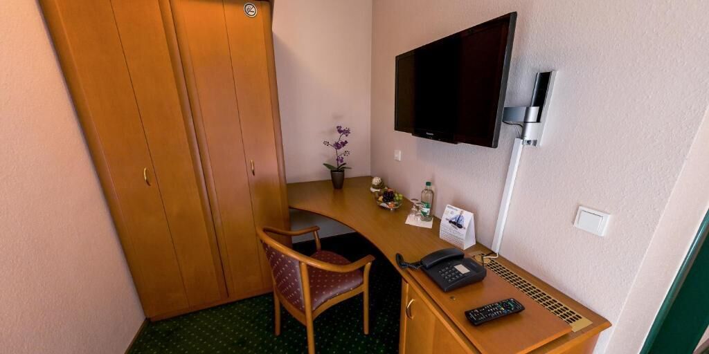 Une chambre d’hôtel compacte, dotée d’un bureau en bois, d’une chaise, d’un téléviseur fixé au mur et d’une petite plante en pot.