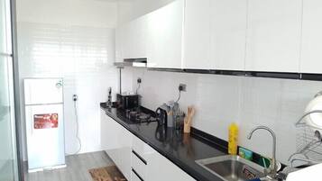 Classic Apartment | Private kitchen | Full-size fridge, microwave, oven, blender