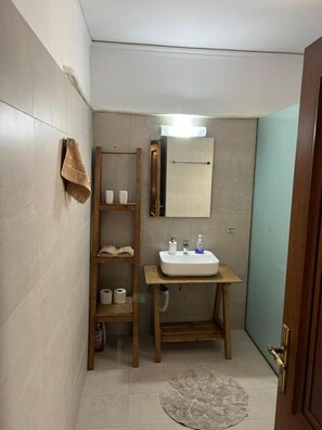 Shower, hair dryer, towels, toilet paper