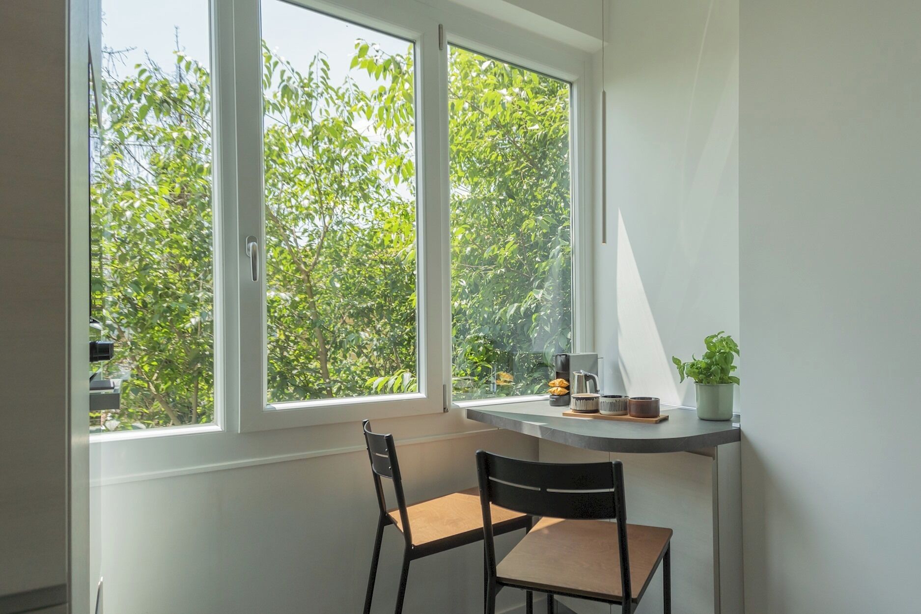 Pequeña habitación luminosa con ventana que da a una zona llena de árboles. Hay una mesa con una silla, una planta en maceta y una cafetera.