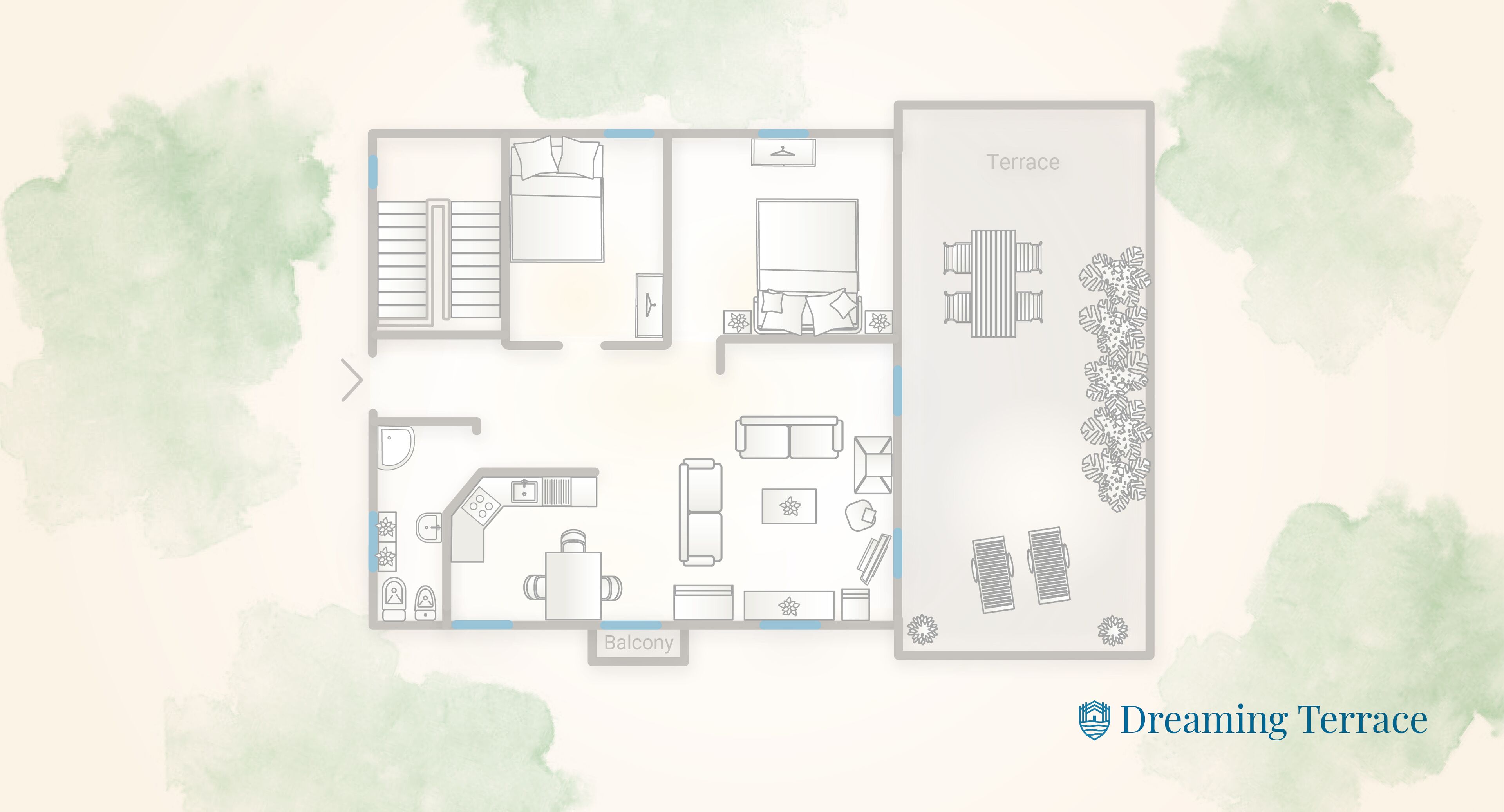 Un hôtel dont les chambres sont aménagées avec un balcon, une terrasse et un coin cuisine.