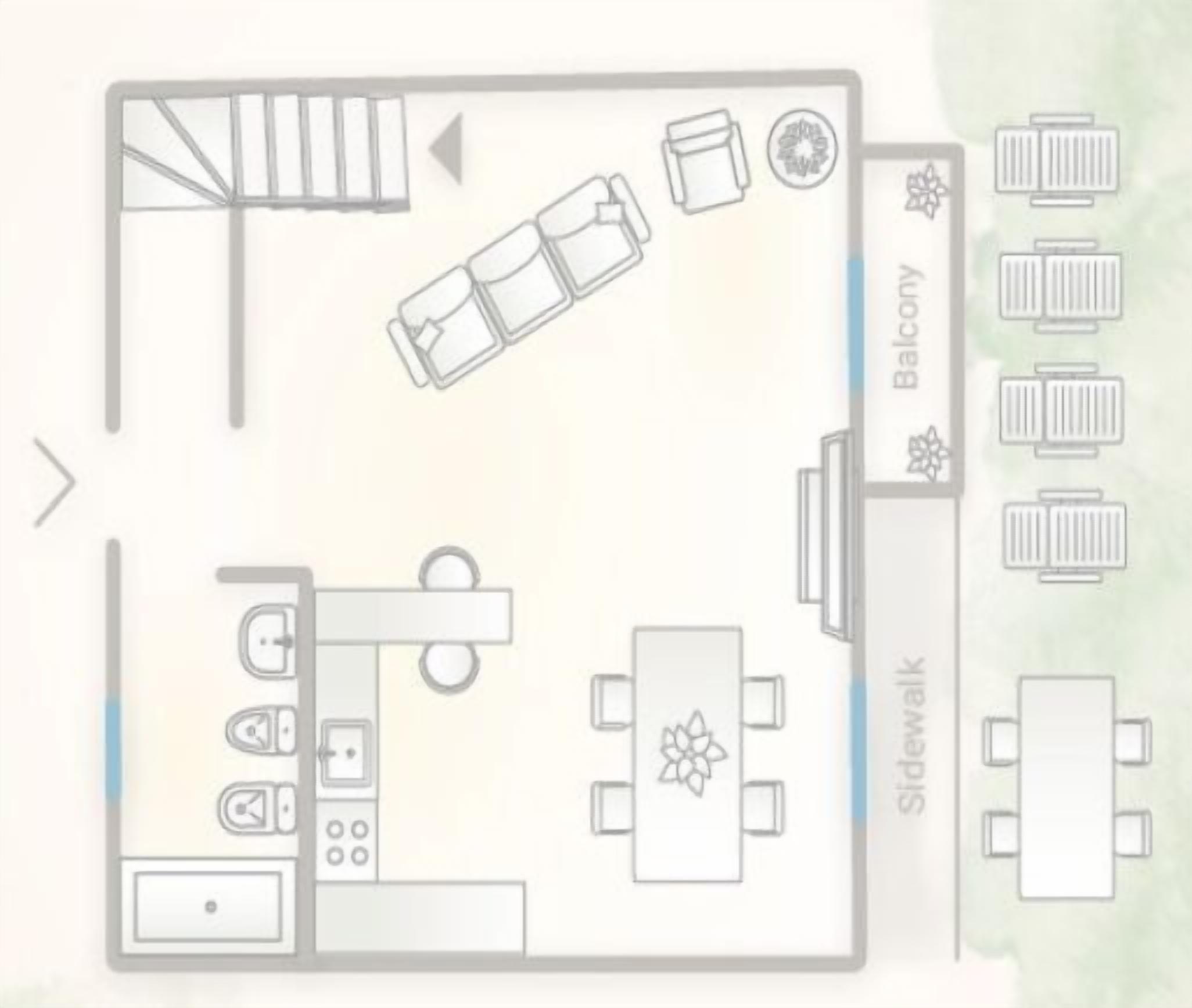 A hotel layout with a balcony area, a kitchenette, a dining area, and a sidewalk.