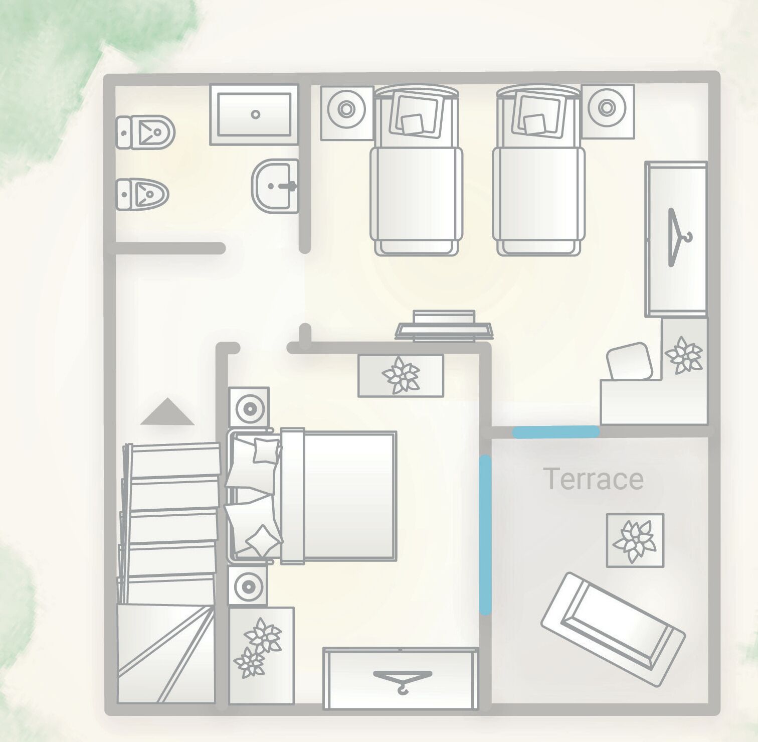 Un plan d’aménagement de chambre d’hôtel comprenant un lit, un bureau, une chaise, une armoire et un petit balcon.