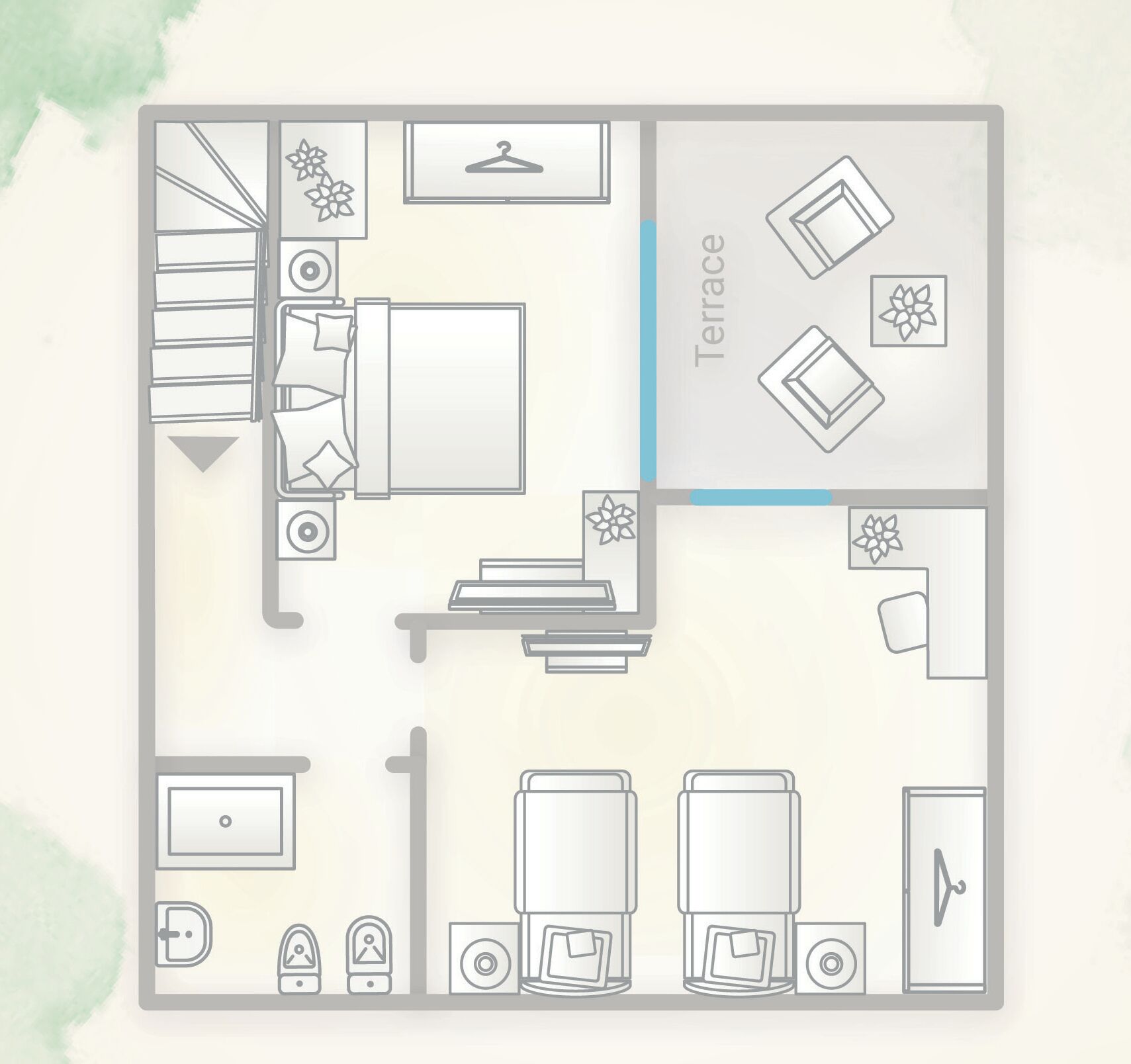 A floor plan of a hotel room with a bed, a desk, a chair, a wardrobe, a bathroom, and a terrace.