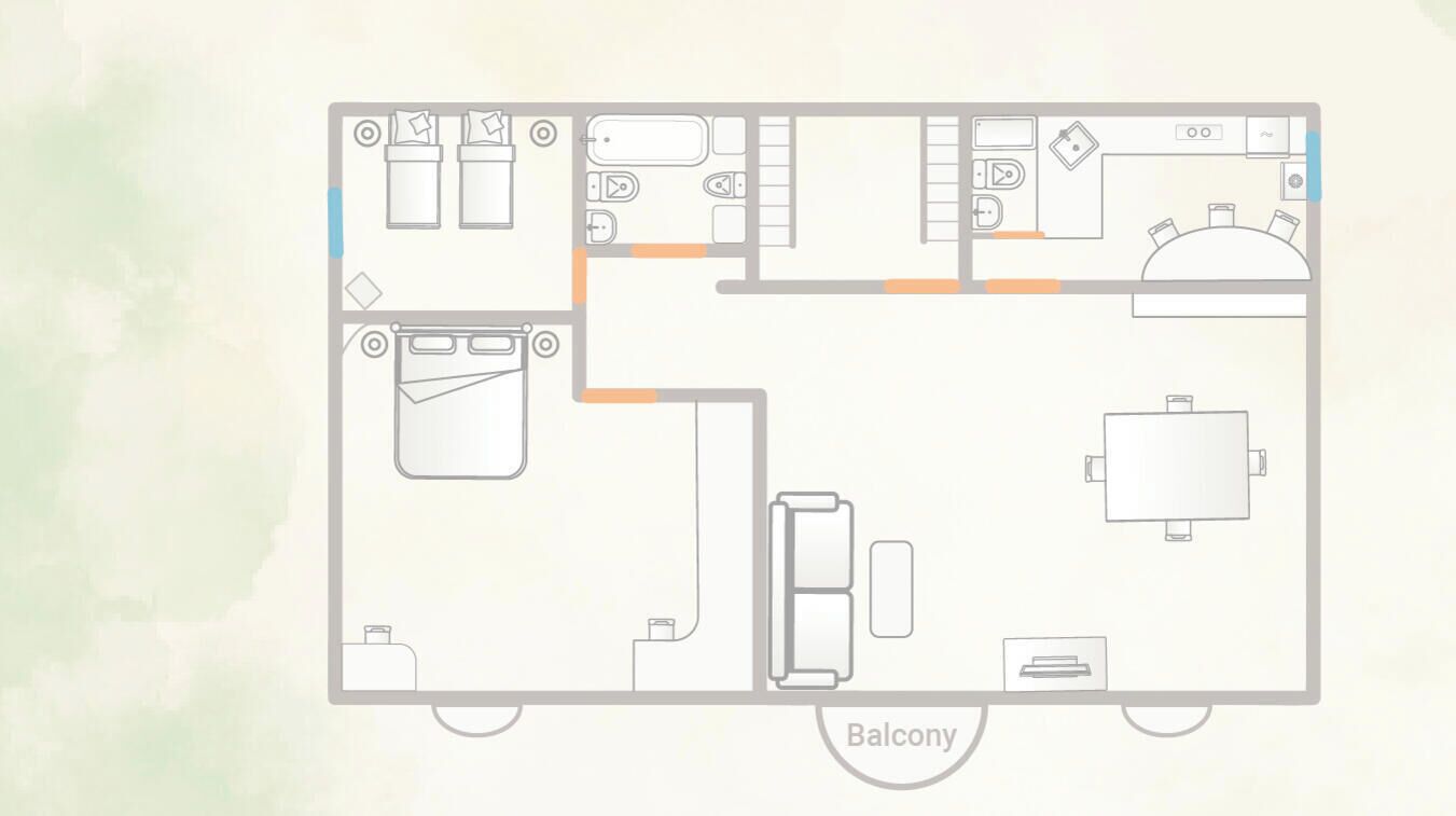 A hotel floor plan with a balcony, a bedroom, a bathroom, a living area, and a dining area.