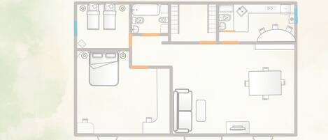 A hotel floor plan with a balcony, a bedroom, a bathroom, a living area, and a dining area.