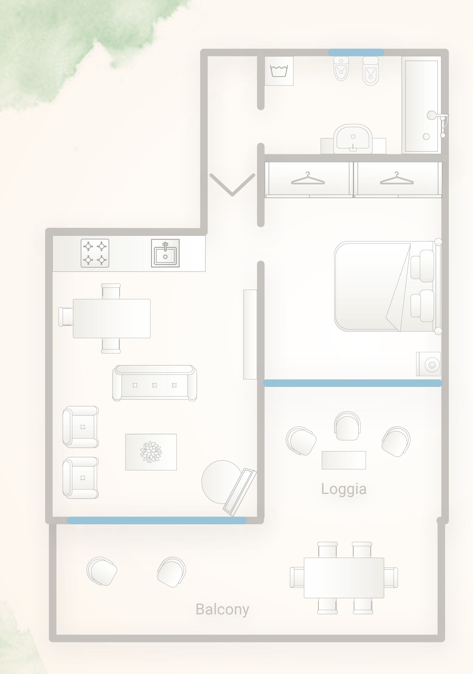 Un plan d’étage comprenant un balcon, une loggia et un espace cuisine.