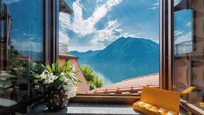 A balcony with a view of a mountain and lake, a potted plant, and a box of toiletries.