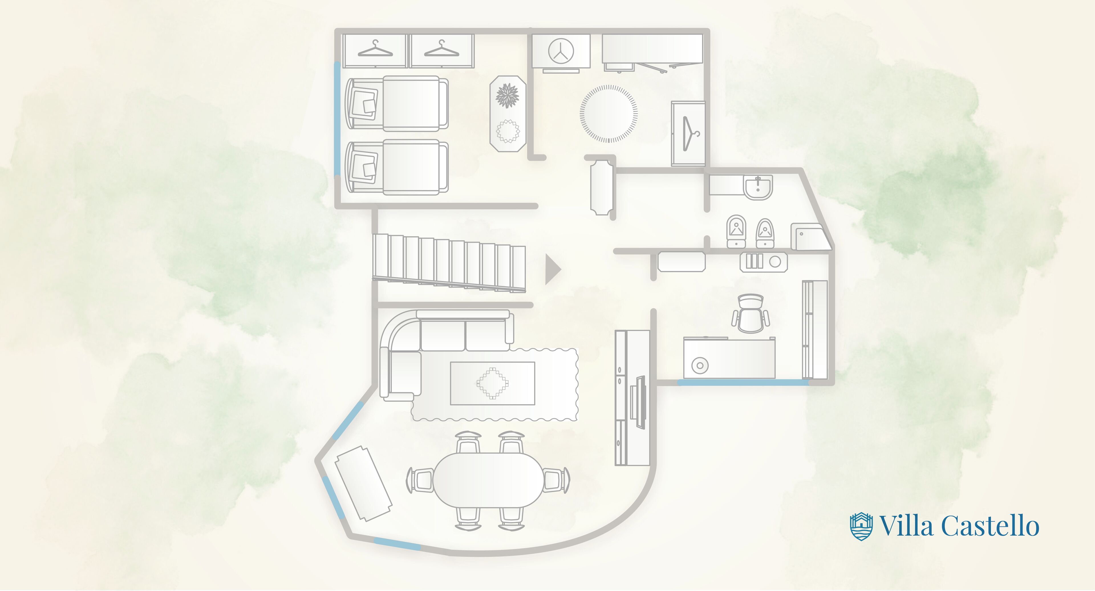 A floor plan of a hotel with a kitchen, dining area, and a small bathroom.