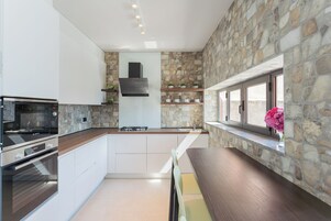 Microwave, oven, electric kettle, high chair