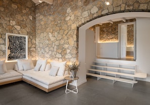 Deluxe Villa, Sea View | Living area | 55-inch flat-screen TV with digital channels