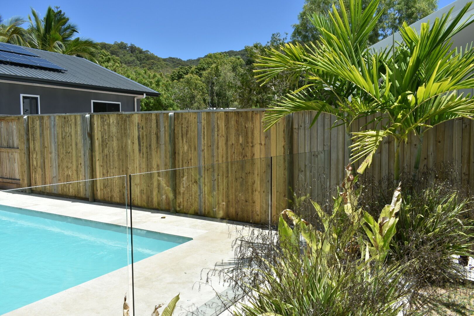 Una piscina con valla de madera, rodeada de plantas tropicales y una casa al fondo.