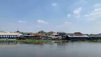 Vista para o rio, com edifícios e barcos.