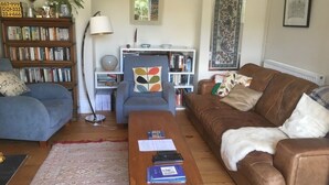 Ein Wohnzimmer mit einem blauen Sofa, einem braunen Sofa, einem Couchtisch und einem Bücherregal.