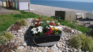 Ein Garten mit verschiedenen Blumen und Pflanzen, ein Kiesstrand und Strandhäuser im Hintergrund.