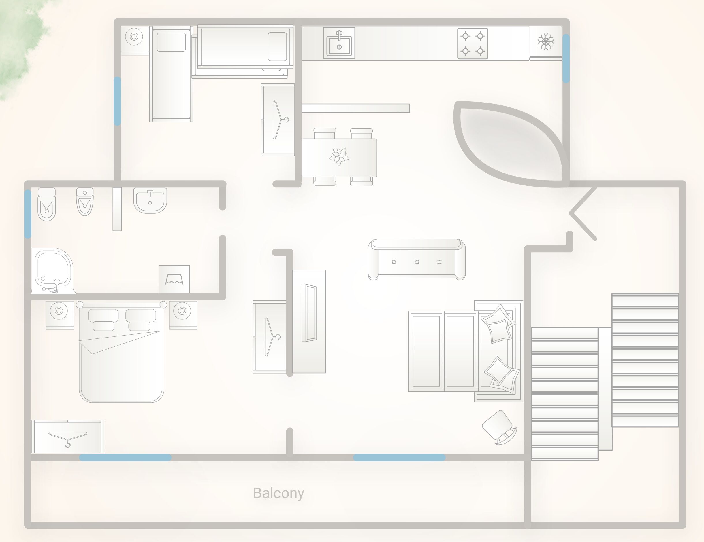 A floor plan of a hotel with a balcony, a kitchen, a dining area, and a living room.