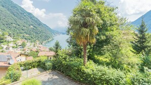 A mountainous landscape with a river, houses, and a tall palm tree. - Harmony on the Lake by Rent all Como (Argegno)