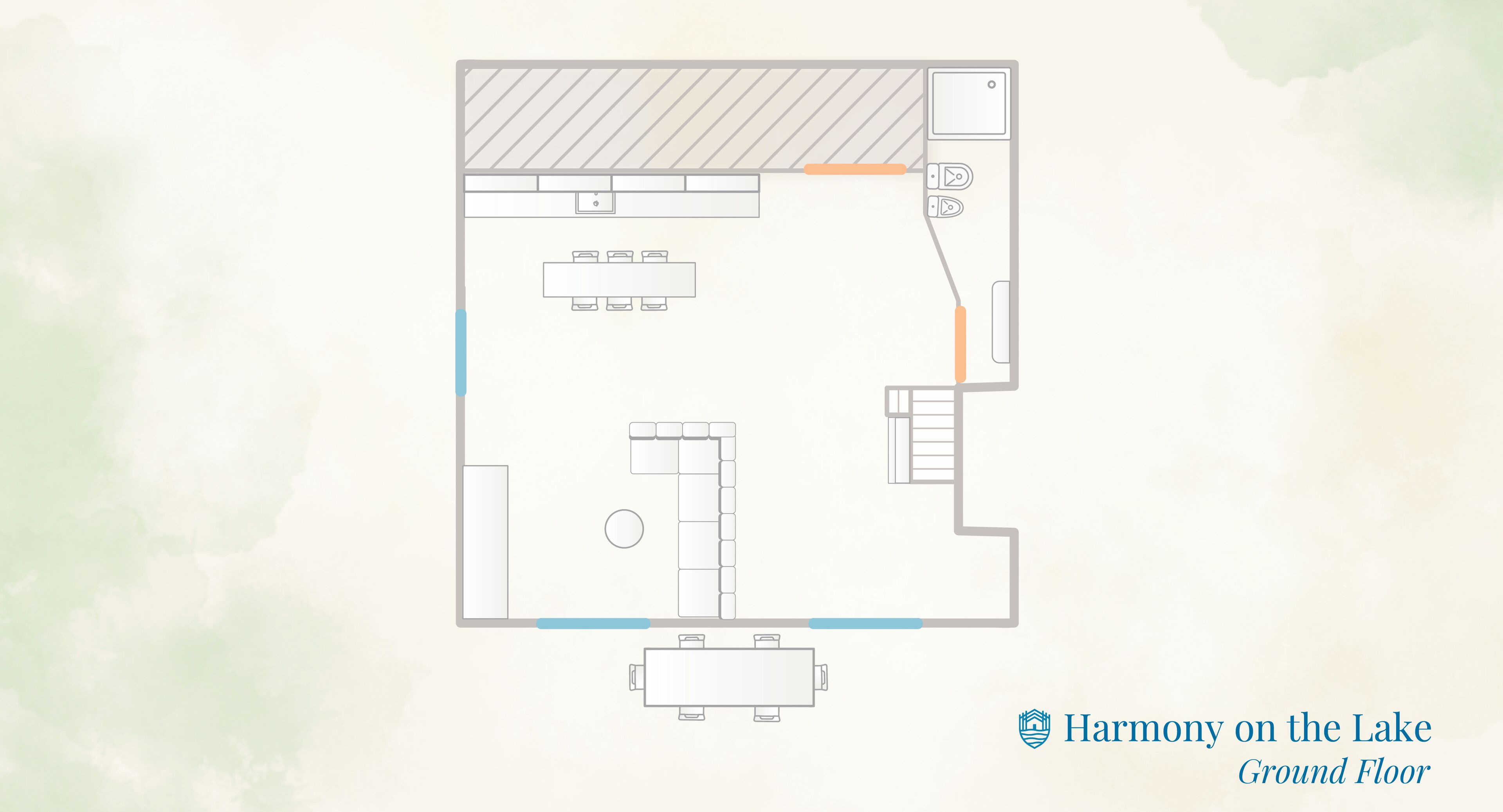 A ground floor layout of Harmony on the Lake, including a kitchen, dining area, and a small bathroom.