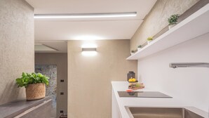 A modern kitchen with a white countertop, stainless steel sink, and a hanging light fixture. There are potted plants on the countertop and shelves above. - Urio's Castle Suites by Rent all Como (Carate Urio)