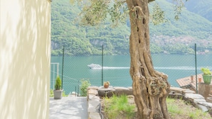 A tree-lined pathway leading to a body of water with a boat in the distance. - La Quiete With Private Garden by Rent all Como (Laglio)