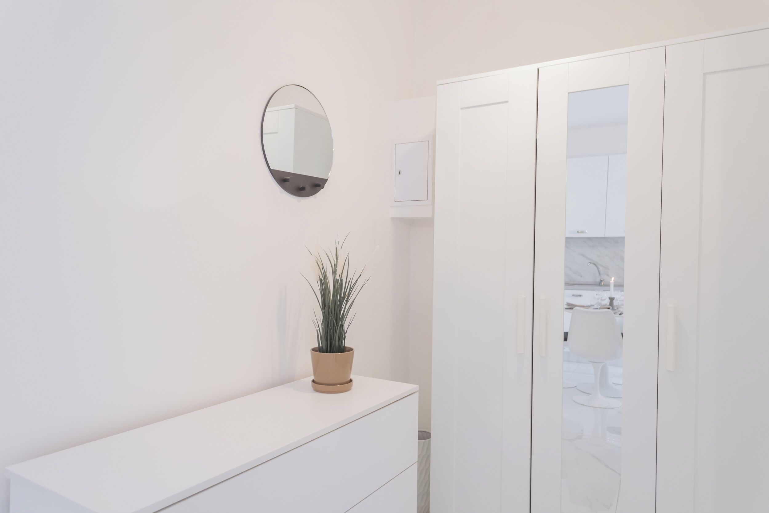 A minimalist bathroom with a white vanity, a potted plant, a mirror, and a wardrobe.