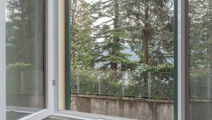 A window with a view of tall trees and a concrete wall. - Nonna Tere Apartment by Rent all Como (Carate Urio)