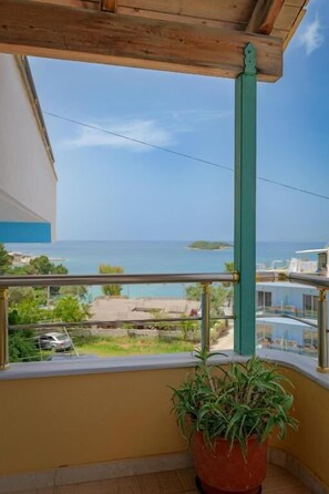 A balcony with a view of the sea and a potted plant. - Vila Xhovani (Ksamil)